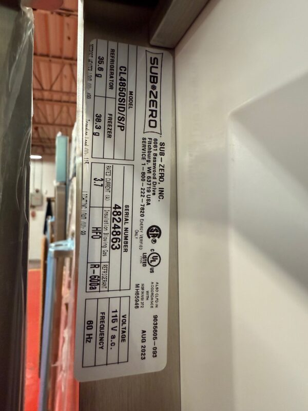48” Subzero Refrigerator Freezer With Internal Water Dispenser CL4850SIDST (New open Box) - Image 7
