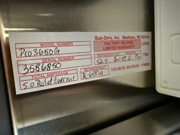 36'' Subzero Pro Refrigerator Freezer With Glass Door PRO3650GLH (New) - Image 8