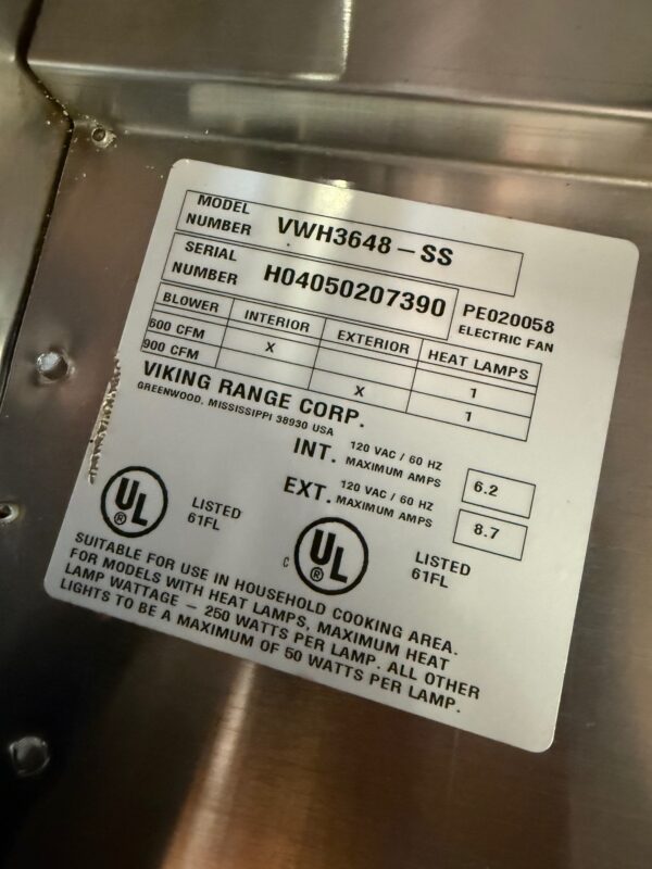 36'' Viking Pro Wall Mount Canopy Hood VWH3648SS With 600CFM Blower (Used) - Image 8
