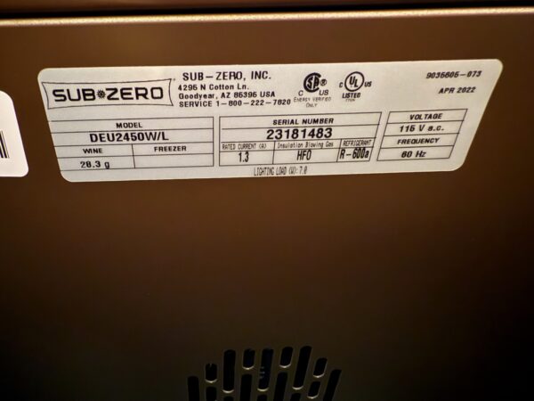 24” Subzero Under Counter Wine Storage With S/S Panel DEU2450WL (New Showroom 2022 model) - Image 7