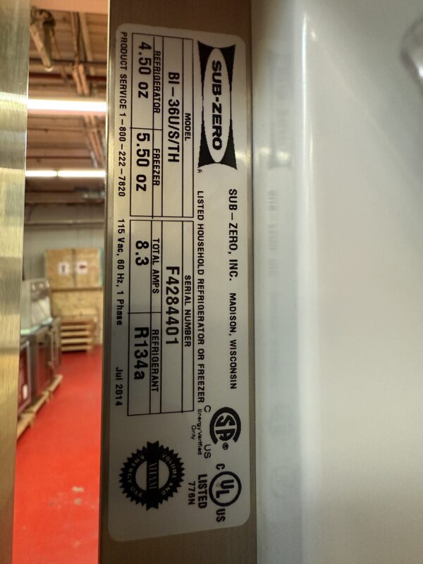 36” Subzero Refrigerator Freezer BI36USTHLH (Used 07/2014) - Image 8