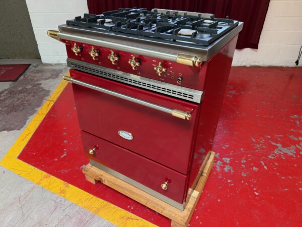 28'' Lacanche Cormatin Classique DUS7EDZ Dual Fuel Range in Griotte Red With Brass (Used) - Image 4