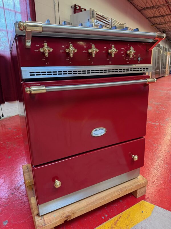 28'' Lacanche Cormatin Classique DUS7EDZ Dual Fuel Range in Griotte Red With Brass (Used) - Image 5