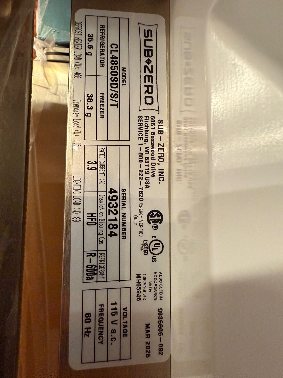 48” Subzero Refrigerator Freezer With Water Dispenser CL4850SDST (New Factory 2nd) - Image 5