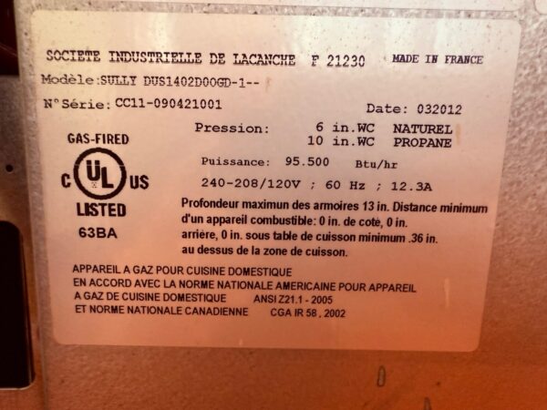 55 5/16” Lacanche Sully Dual Fuel Range DUS1402D00GD Stainless Steel with Brass (Used 2012 Model) - Image 13