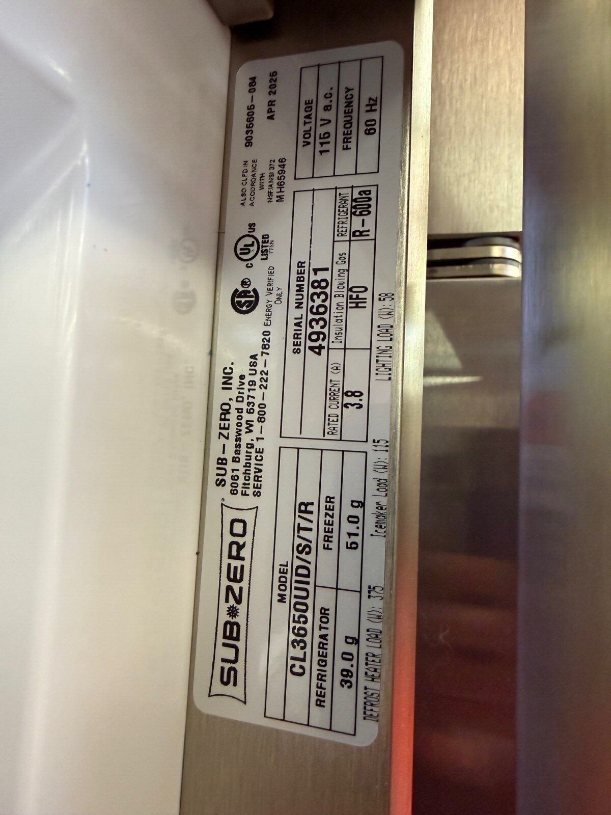 36” Subzero Refrigerator Freezer With Internal Water Dispenser CL3650UIDSTR (Used 2025 Model) - Image 2
