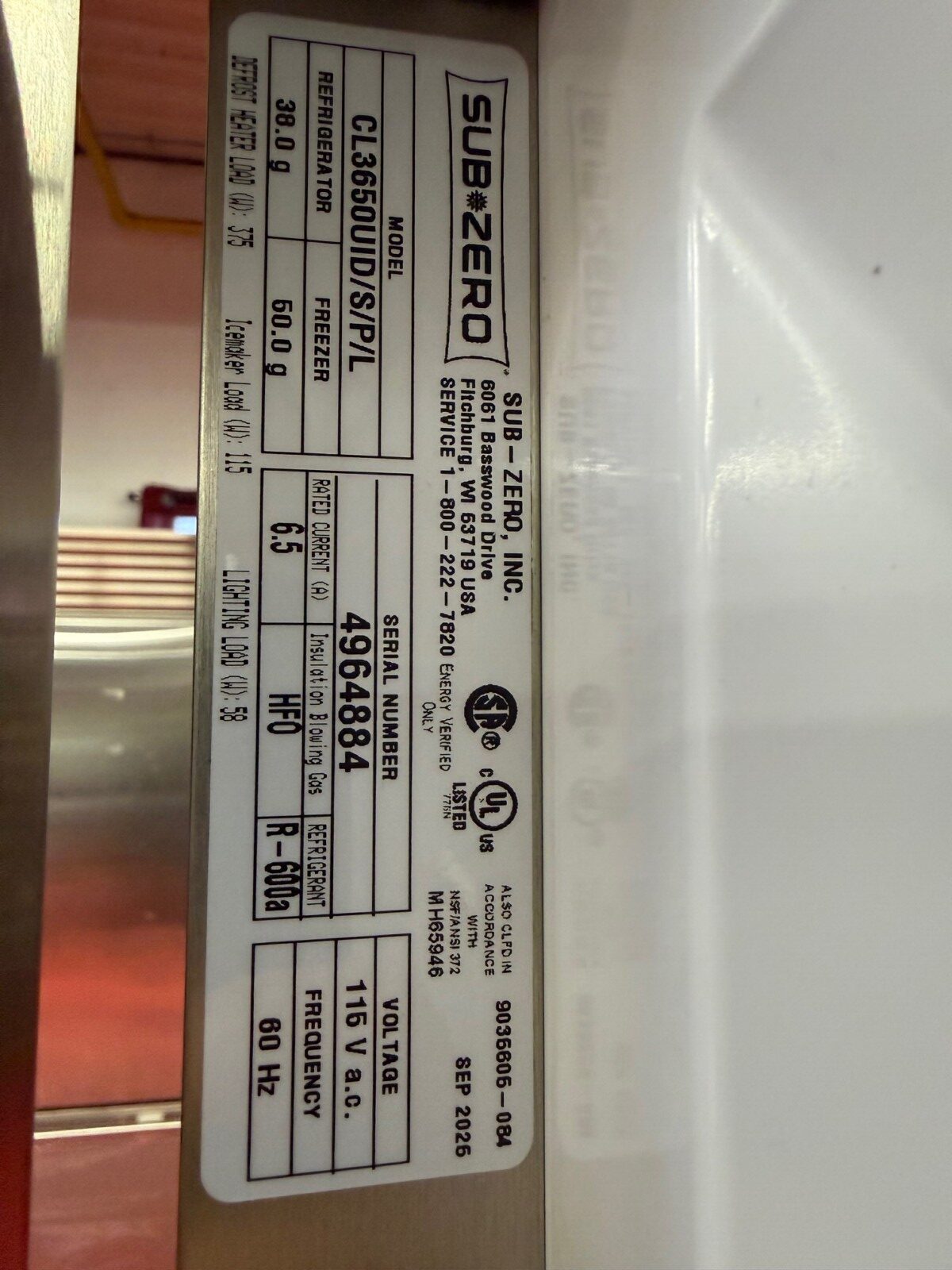 36'' Subzero Refrigerator Freezer With Water Dispenser CL3650UIDSPL (Used 09/2025) - Image 9