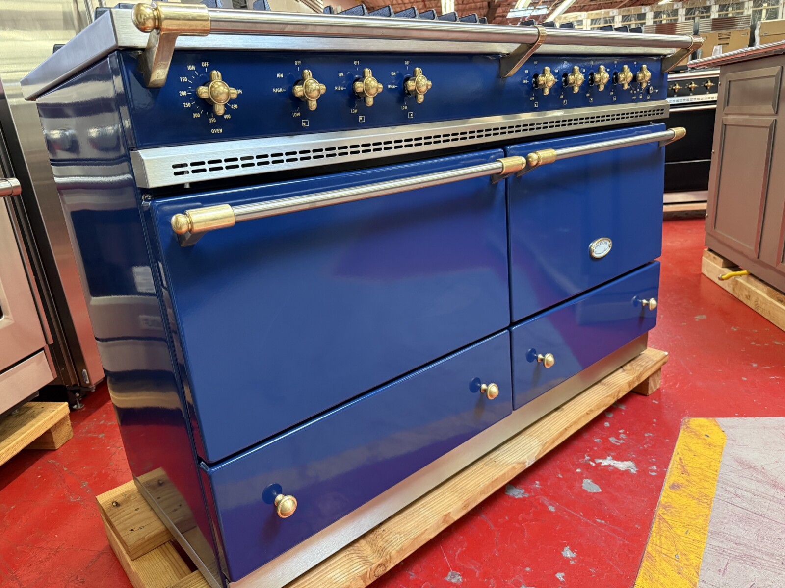 55 5/16” Lacanche Sully Dual Fuel Range Blue With Brass DUS1402D02GDA (Used) - Image 6