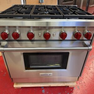 36” Wolf Gas Range GR366 (Used Natural Gas & Red Knobs)